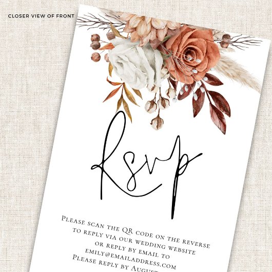 Boho Roestige Bloemen Script QR Code Trouw RSVP ka Informatiekaartje