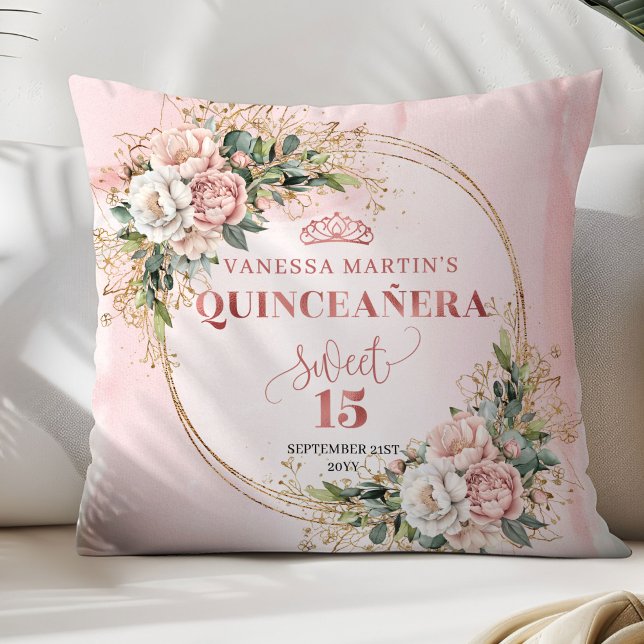 Boho Romantic Blush Pink Floral Sweet 15 Birthday Kussen (Boho Romantic Blush Pink Floral Sweet 15 Birthday Throw Pillow )