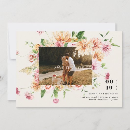 Boho Romantic Floral Blooms Photo Save the Date (Voorkant)