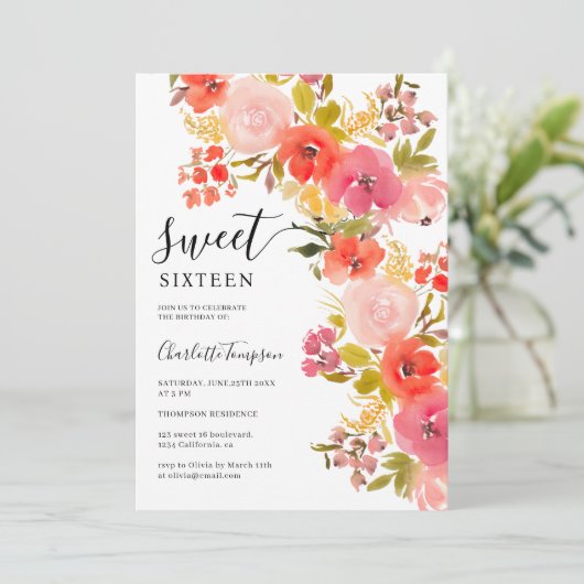 Boho Romantisch bloemenscript koraalzoet 16 Kaart (Staand voorkant)