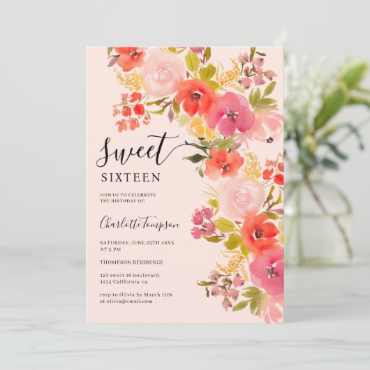 Boho romantisch bloemscript roze lief 16 kaart (Staand voorkant)