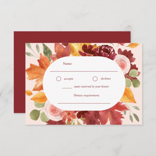 Boho Romantische Bloemen Bourgogne Fall Wedding RSVP Kaartje (Voorkant / Achterkant)