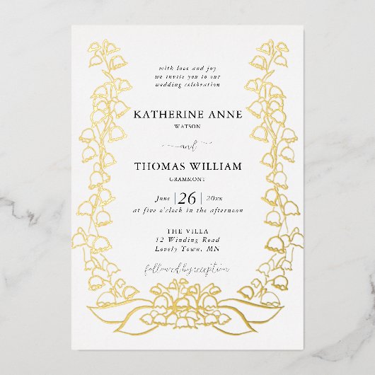 Boho Romantische Bloemenschets Lily van Vallei Bru Folie Uitnodiging (Voorkant)