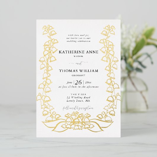 Boho Romantische Bloemenschets Lily van Vallei Bru Folie Uitnodiging (Staand Voorkant)