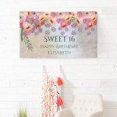 Boho Romantische waterverf Bloemenzoet 16 feest Spandoek (Insitu)