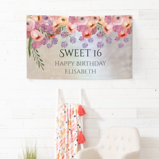 Boho Romantische waterverf Bloemenzoet 16 feest Spandoek (Insitu)