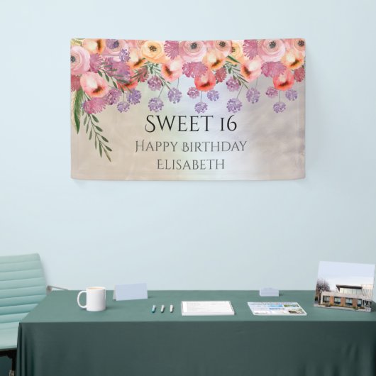 Boho Romantische waterverf Bloemenzoet 16 feest Spandoek (Beurs)