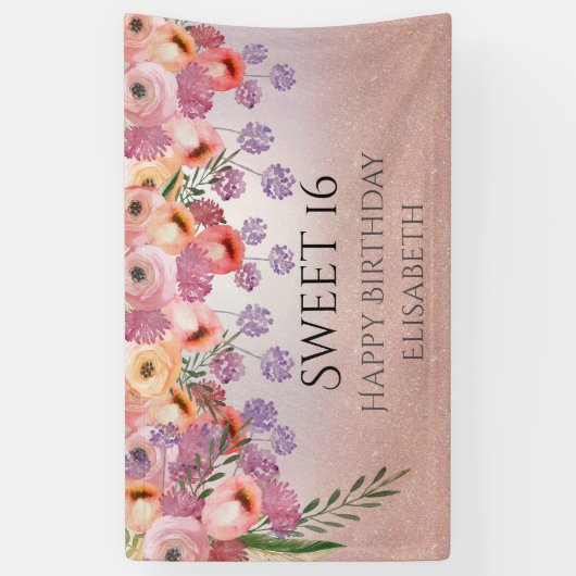 Boho Romantische waterverf Bloemzoet 16 party ba Spandoek (Verticaal)