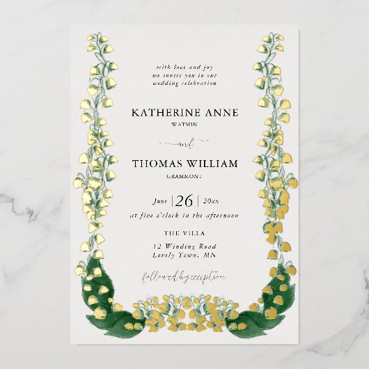 Boho Romantische Waterverf Lily Valley Wedding Gol Folie Uitnodiging (Voorkant)