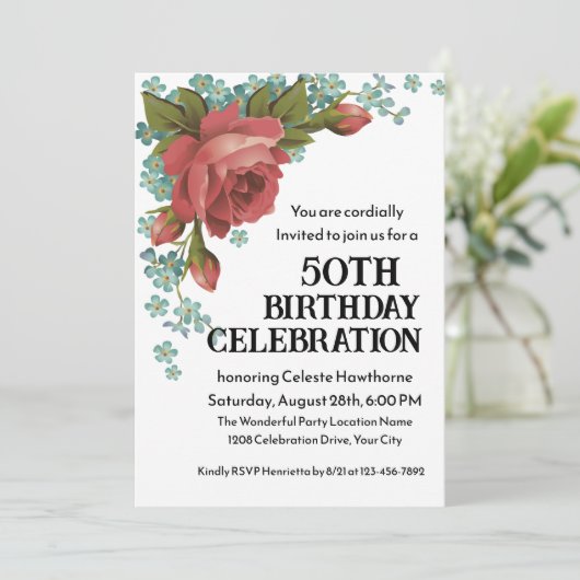 Boho rood en groen 50e verjaardagsfeest uitnodigin kaart (Staand voorkant)