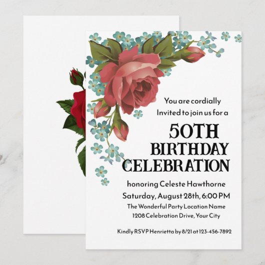 Boho rood en groen 50e verjaardagsfeest uitnodigin kaart (Voorkant / Achterkant)