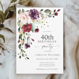 Boho rood en Paarse bloemen 40e verjaardagsfeest Kaart