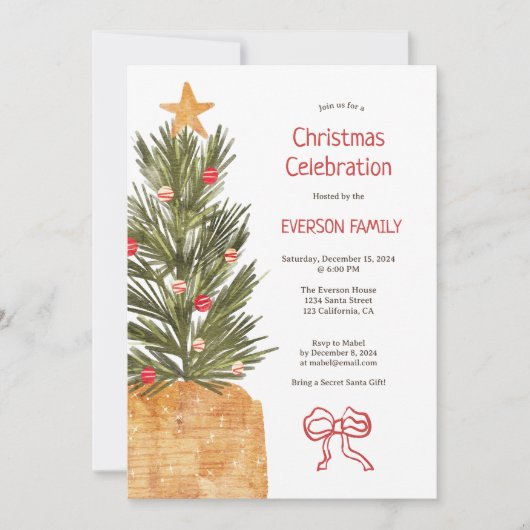 Boho rood en wit Scandi kerstboomfeest Kaart (Voorkant)