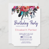 Boho rood marine blauw bloemenboeket verjaardagsfe kaart (Voorkant)