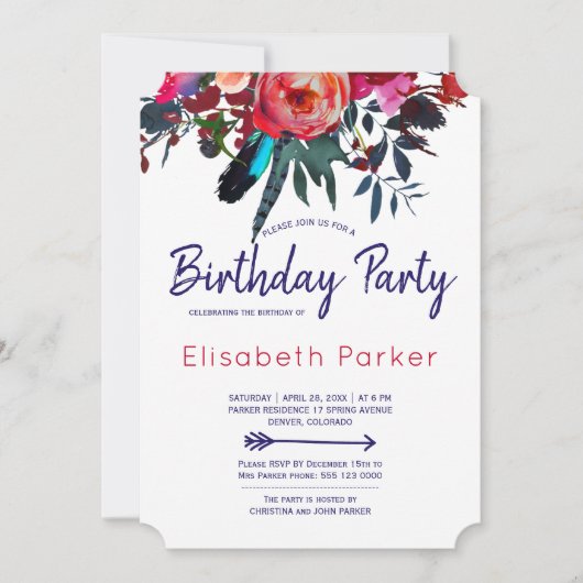 Boho rood marine blauw bloemenboeket verjaardagsfe kaart (Voorkant)