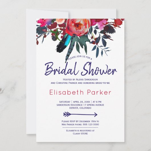 Boho rood marineblauw bloemenboeket vrijgezellenfe kaart (Voorkant)