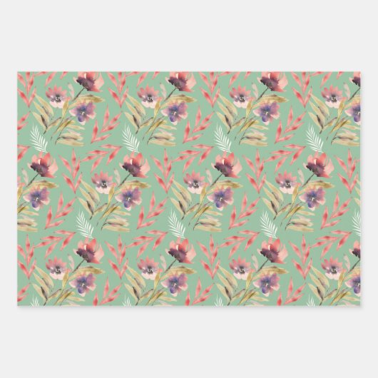 Boho Rood Roze Groen Waterverf Wildflovers Inpakpapier Vel (Voorkant 3)