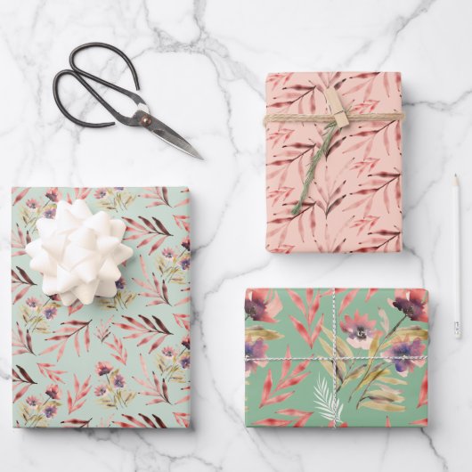 Boho Rood Roze Groen Waterverf Wildflovers Inpakpapier Vel (Voorkant)