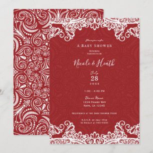 Boho Rood & Witte Kant Stout Patroon Baby Shower Kaart