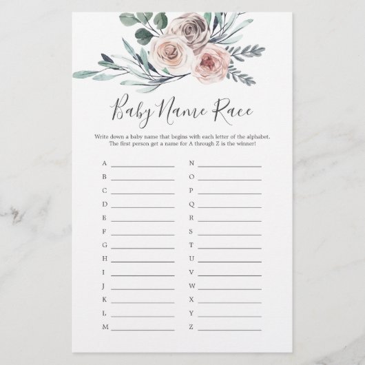 Boho Roos Baby shower Baby Naam Race Game (Voorkant)