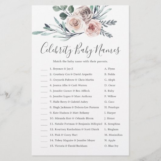 Boho Roos Baby shower Celebrity Baby Names Game (Voorkant)