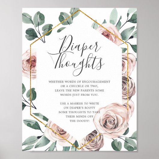Boho Roos Baby shower Diaper Thoughts Sign Poster (Voorkant)