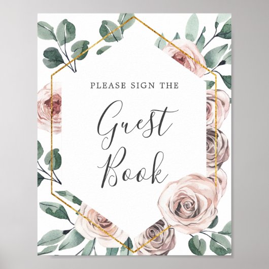 Boho Roos Baby shower Guestbook Sign Poster (Voorkant)