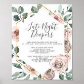 Boho Roos Baby shower Late Night Diapers Sign Poster (Voorkant)