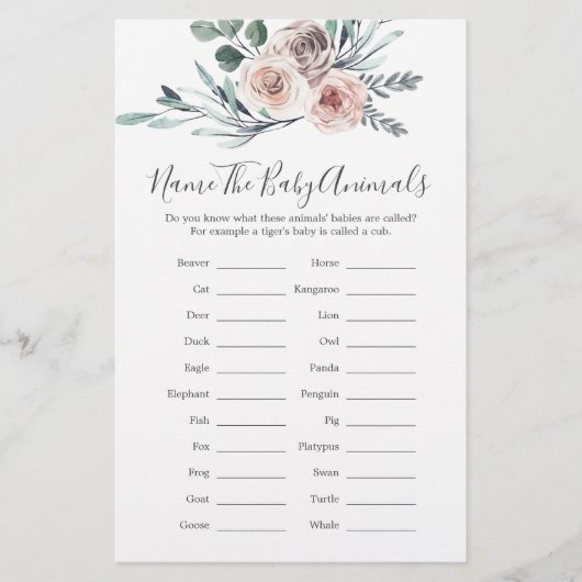 Boho Roos Baby shower naam de baby dieren spel (Voorkant)