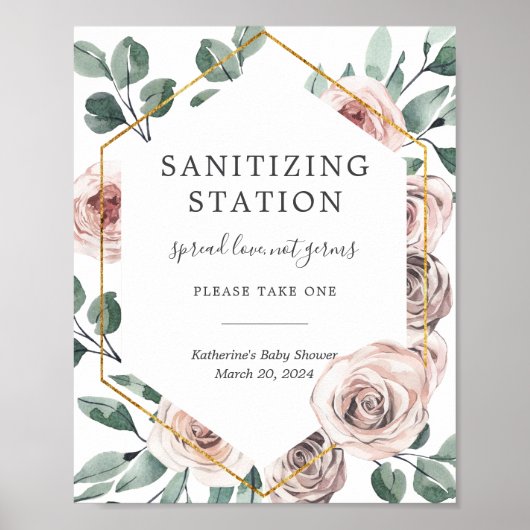 Boho Roos Baby shower Sanitizing Station Sign. Poster (Voorkant)