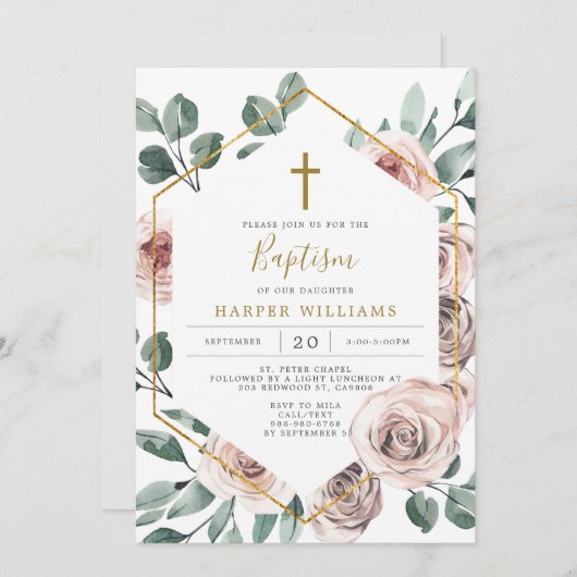Boho Roos Baptism/Christening Uitnodiging (Voorkant / Achterkant)