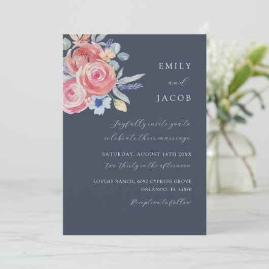 Boho Roos Bloemen Waterverf bruiloft Kaart (Staand voorkant)