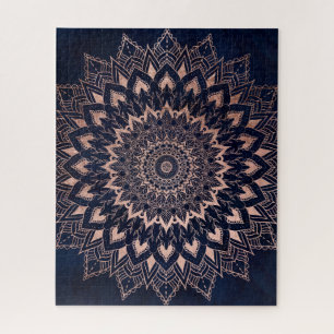 Boho roos gold floral mandala navy blue waterverf legpuzzel