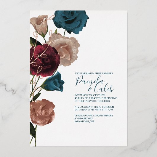 Boho Roos Goud, Blauwgroen, Bourgondische bruiloft Folie Uitnodiging (Voorkant)