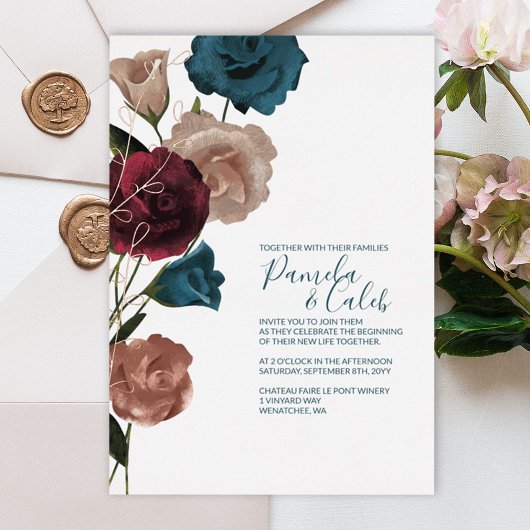 Boho Roos Goud, Blauwgroen, Bourgondische bruiloft Folie Uitnodiging