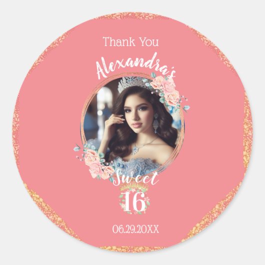 Boho Roos Goud Custom Photo Sweetsixteen Dank je w Ronde Sticker (Voorkant)