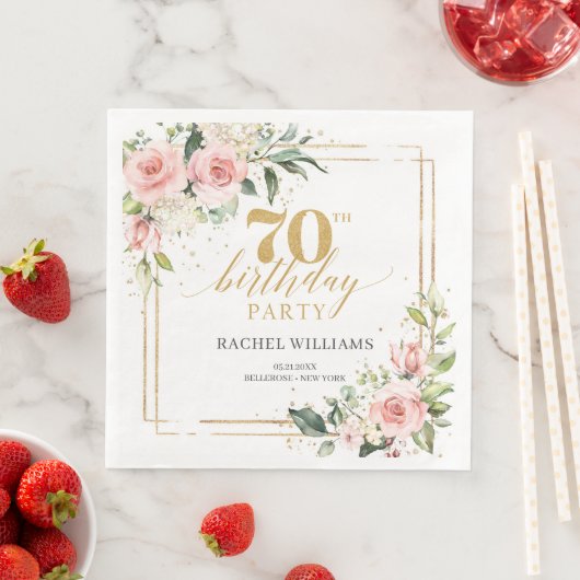 Boho roos gouden bloemeneucalyptus 70e verjaardag servet (Insitu)