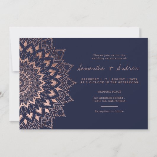 Boho roos goudflorelace mandala navy bruiloft kaart (Voorkant)