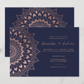 Boho roos goudflorelace mandala navy bruiloft kaart (Voorkant / Achterkant)