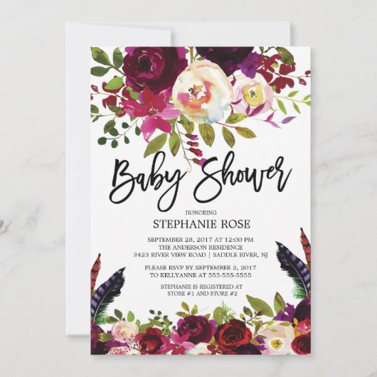 Boho Roos Paars Floral Baby shower Kaart (Voorkant)