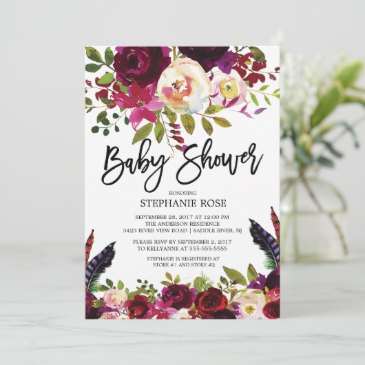 Boho Roos Paars Floral Baby shower Kaart (Staand voorkant)