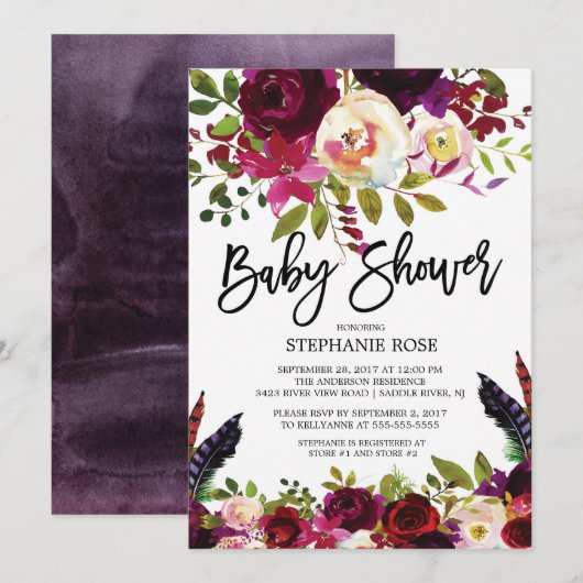 Boho Roos Paars Floral Baby shower Kaart (Voorkant / Achterkant)