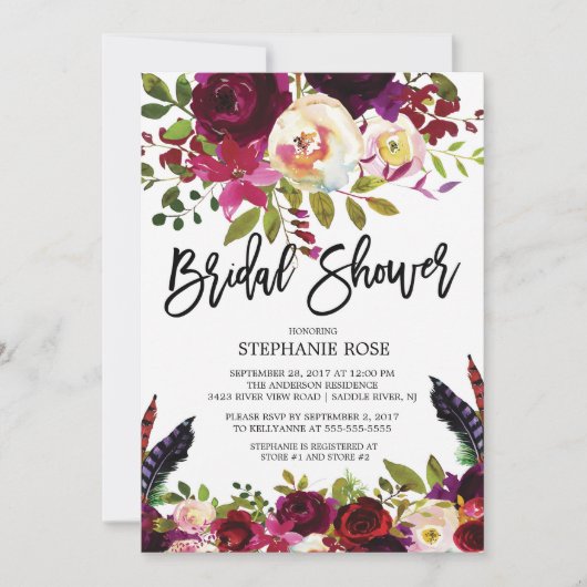 Boho Roos Paarse Bloemen Bruids Douche Uitnodiging (Voorkant)