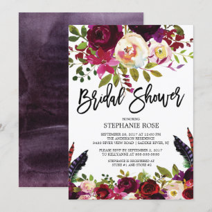 Boho Roos Paarse Bloemen Bruids Douche Uitnodiging