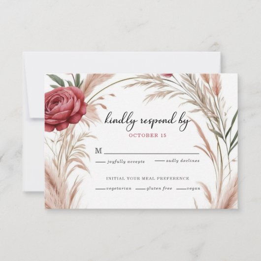 Boho Roos Pampas Grass Wedding RSVP Kaartje (Voorkant)