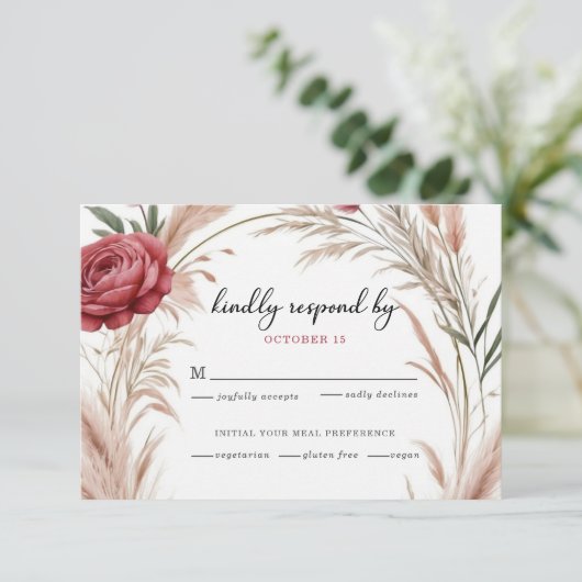 Boho Roos Pampas Grass Wedding RSVP Kaartje (Staand voorkant)