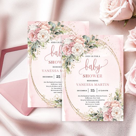 Boho Rose Gold Floral Eucalyptus Girl Baby Shower  Kaart