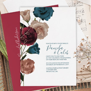 Boho Rose Goud, Turquoise, Bourgondië Trouwen Folie Uitnodiging