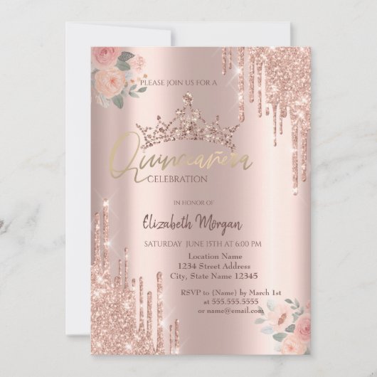 Boho Roses  Glitter Kroon Drop Quinceañera  Kaart (Voorkant)