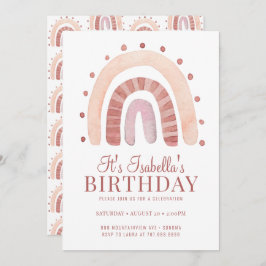 Boho Rosy Pink Brown Rainbow Kind Birthday Party Kaart